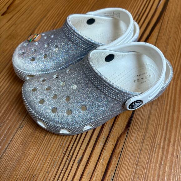Crocs white silver glitter classic slip on child clog sandal SIZE 10 - Picture 1 of 5